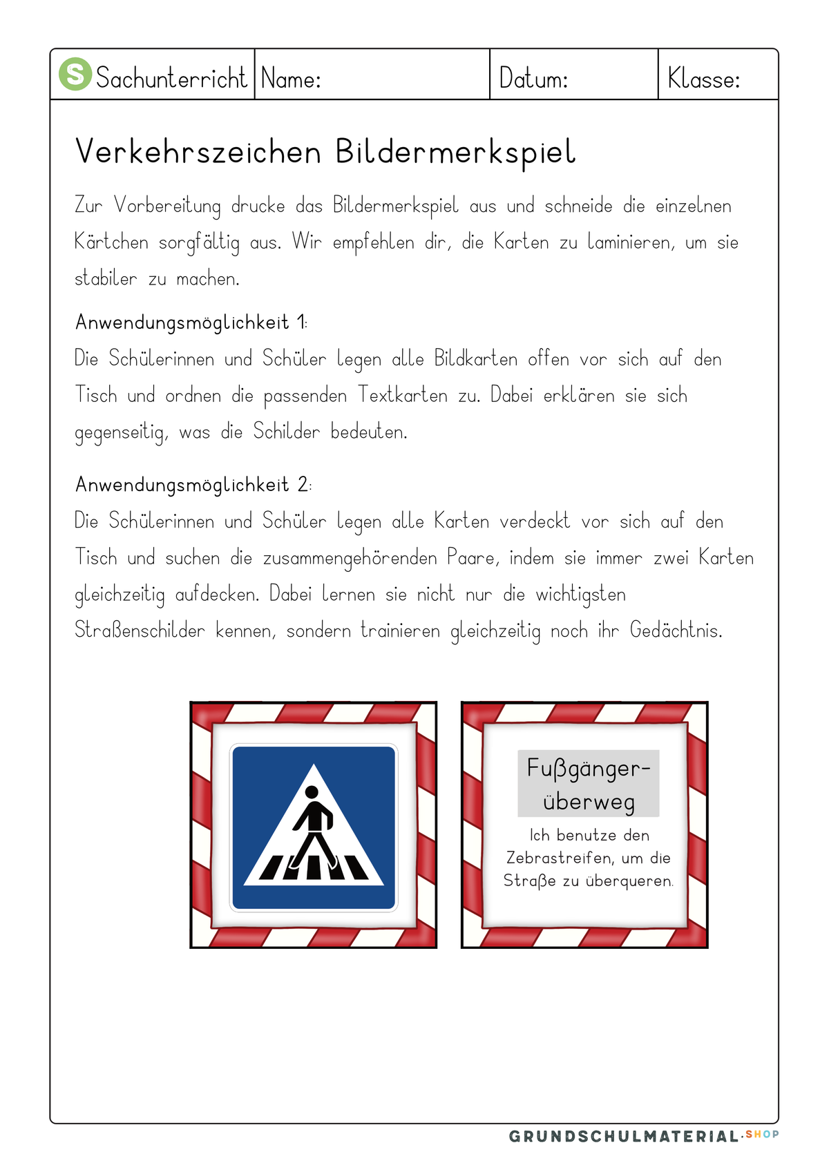Spielanleitung Verkehrszeichen Bildermerkspiel mit zwei Anwendungsmöglichkeiten