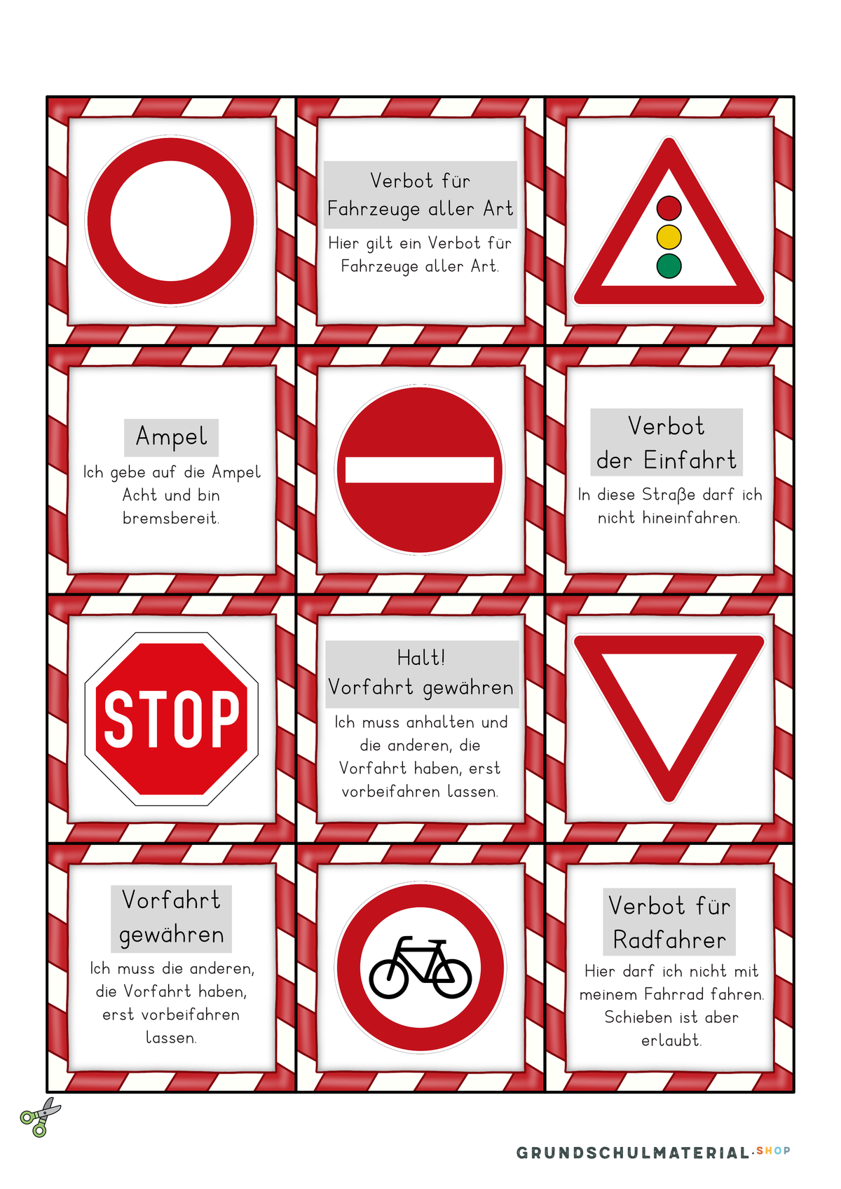 Verkehrszeichen Bildermerkspiel Set 1 mit Erklärsatz: Stoppschild, Vorfahrt gewähren, Verbot der Einfahrt, Verbot für Radfahrer