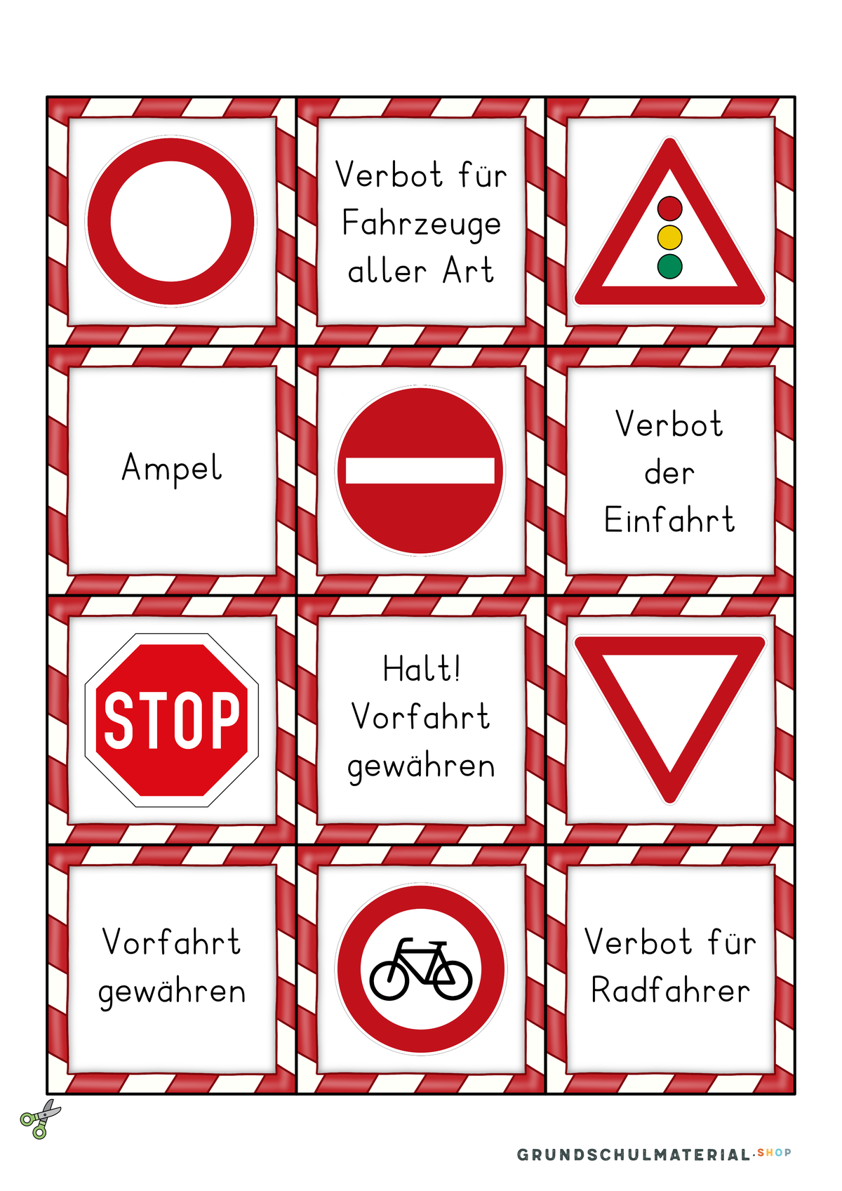 Verkehrszeichen Bildermerkspiel Set 2 mit Namen: Stoppschild, Vorfahrt gewähren, Verbot der Einfahrt, Verbot für Radfahrer
