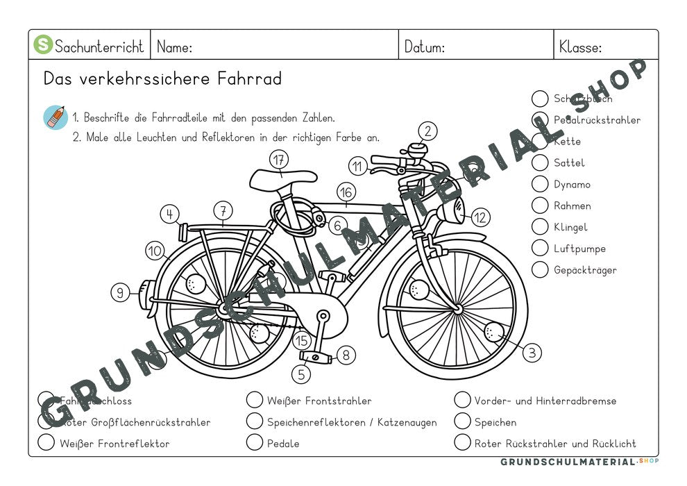 Arbeitsblatt Das verkehrssichere Fahrrad: 18 Fahrradteile wie Dynamo, Klingel und Reflektoren den Zahlen zuordnen