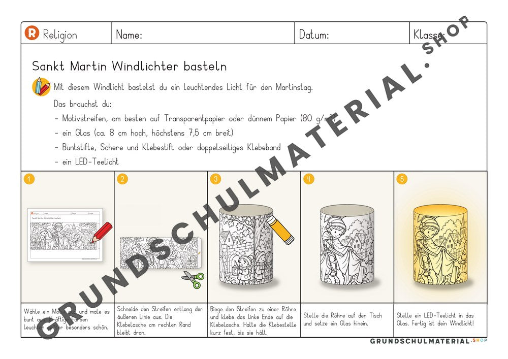 Bastelanleitung Sankt Martin Windlichter mit Materialliste und 5 bebilderten Schritten