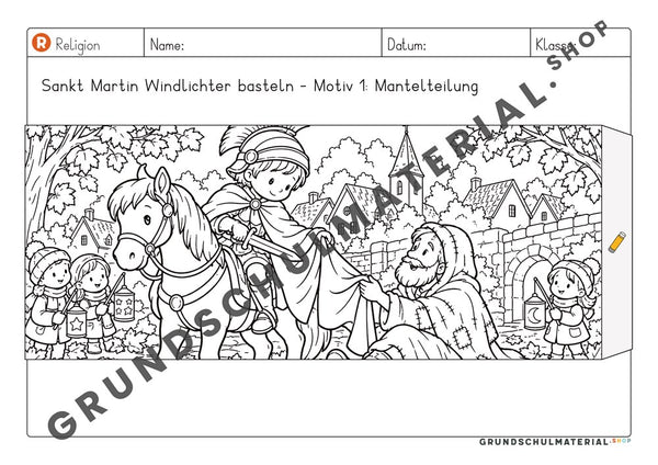 Windlicht Sankt Martin: Motivstreifen Mantelteilung zum Ausmalen