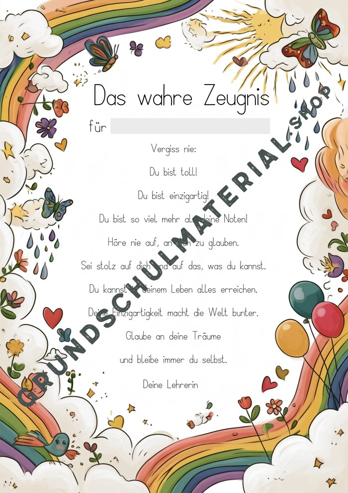 Das wahre Zeugnis Regenbogen-Edition – Vorschau Seite 1 mit Unterschrift „Deine Lehrerin“