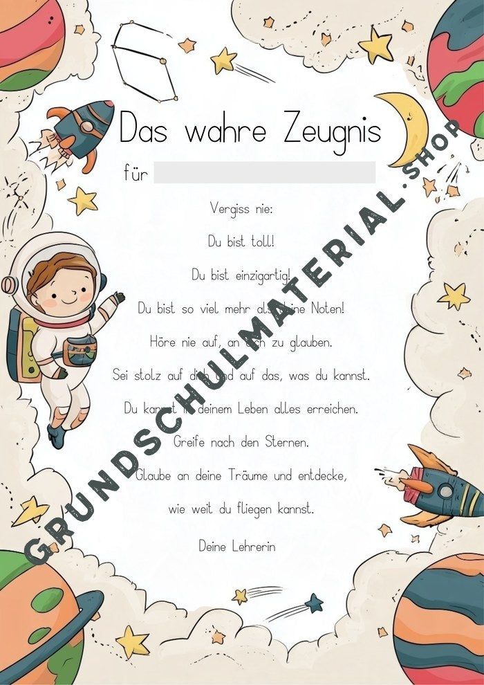 Das wahre Zeugnis Weltraum-Edition – Vorschau Seite 1 mit Unterschrift „Deine Lehrerin“