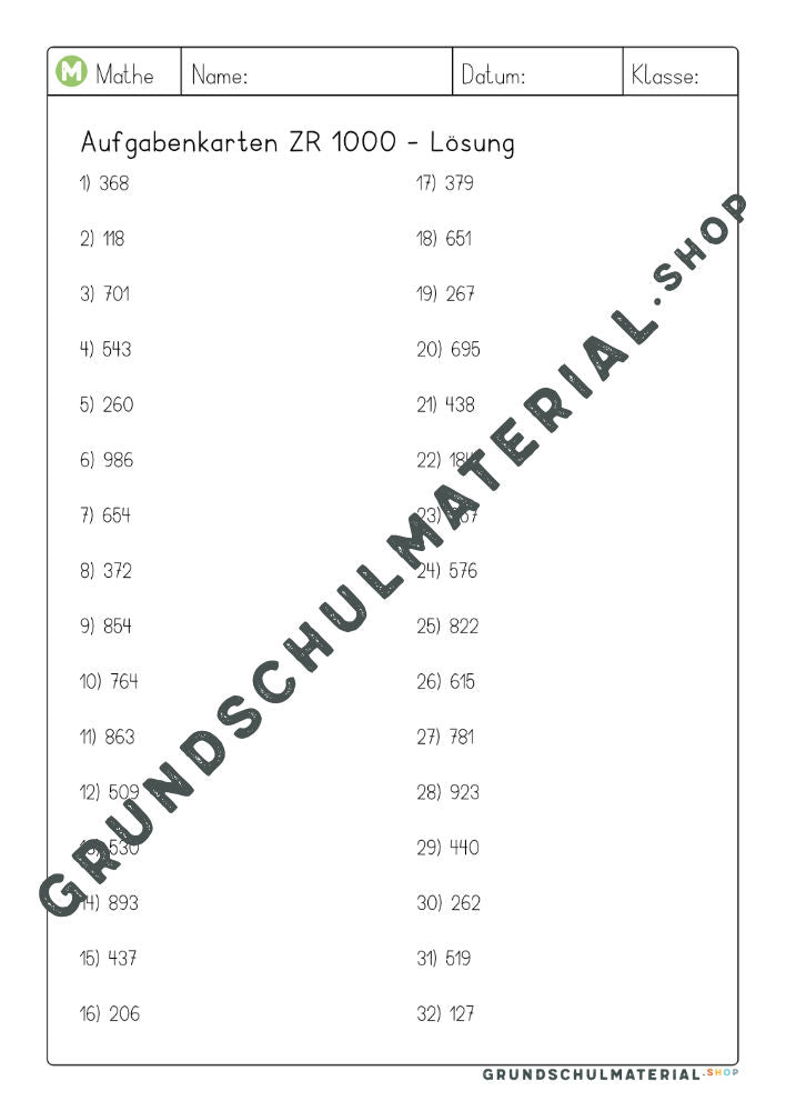 Materialpaket "Einführung in den Zahlenraum 1000"