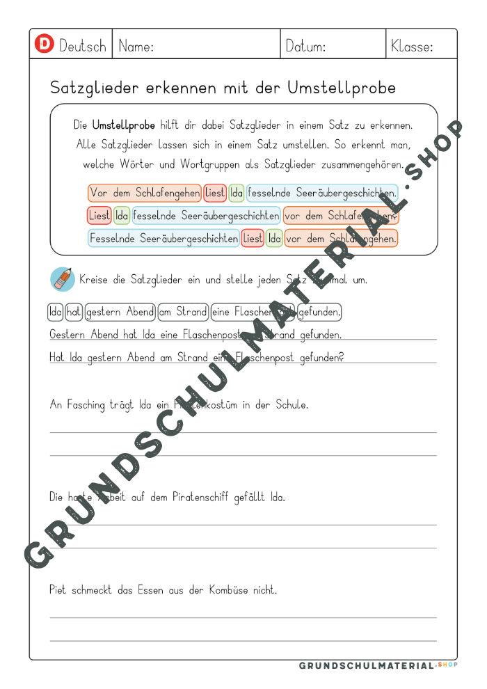 Satzglieder umstellen Grundschule Arbeitsblätter